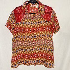 Lucy Diamonds Blouse Womens 1X Aztec Sheer Red Lace Shoulder Bright Multicolor